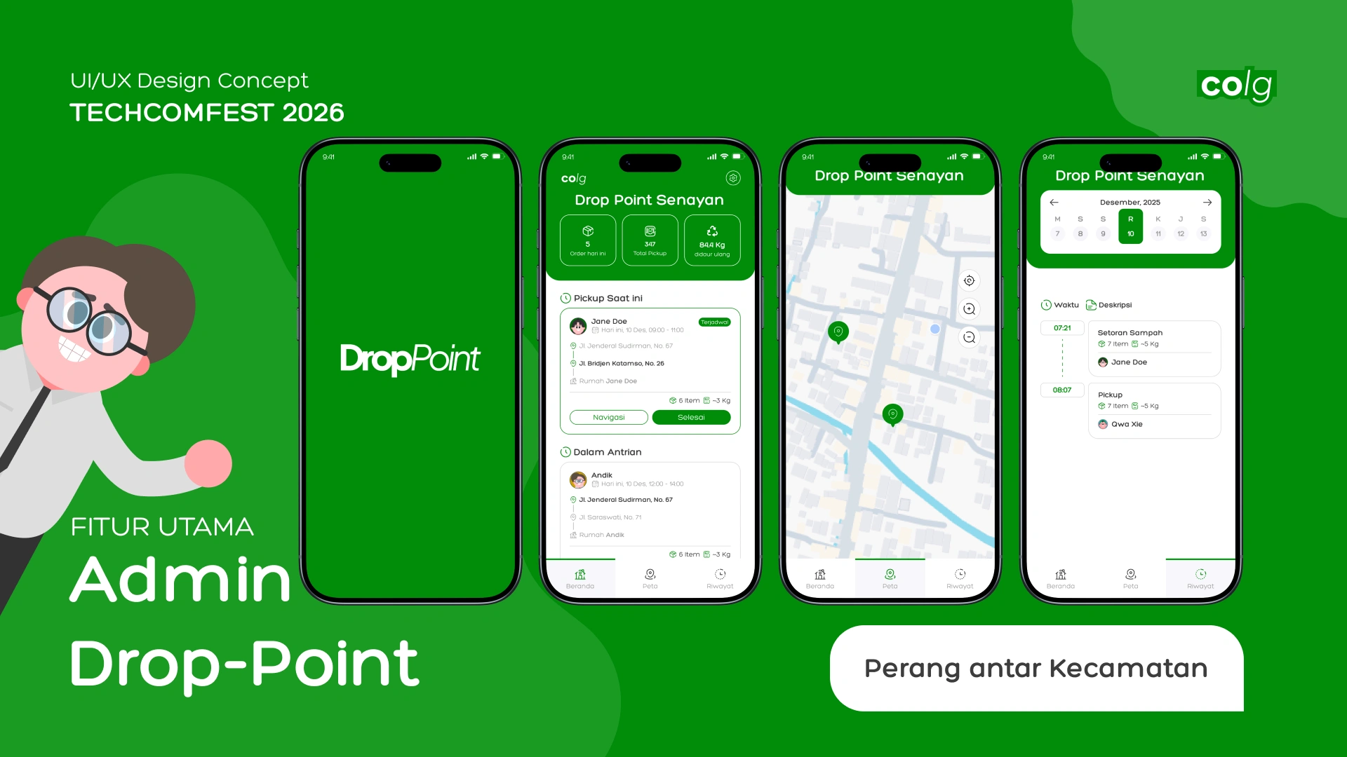 Admin Drop-Point app screens showing pickup management and map routing